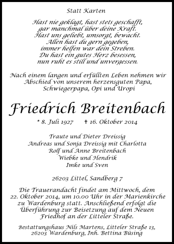 Traueranzeige von Friedrich Breitenbach von Nordwest-Zeitung