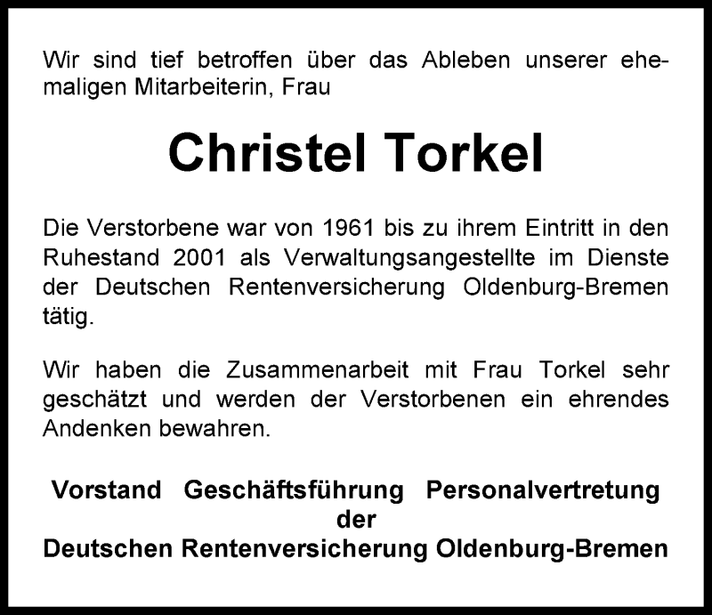  Traueranzeige für Christel Torkel vom 18.10.2014 aus Nordwest-Zeitung