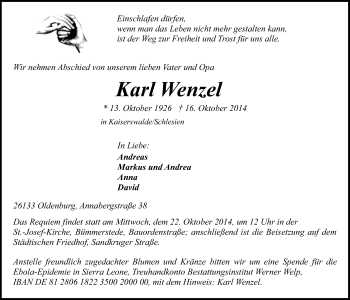 Traueranzeige von Karl Wenzel von Nordwest-Zeitung