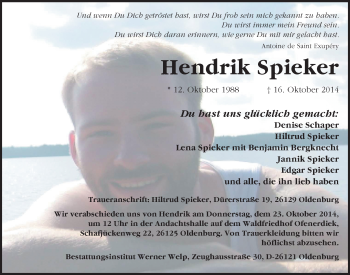 Traueranzeige von Hendrik Spieker von Nordwest-Zeitung