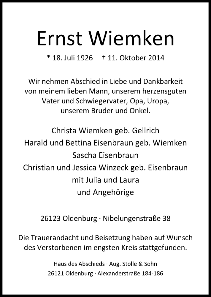  Traueranzeige für Ernst Wiemken vom 21.10.2014 aus Nordwest-Zeitung