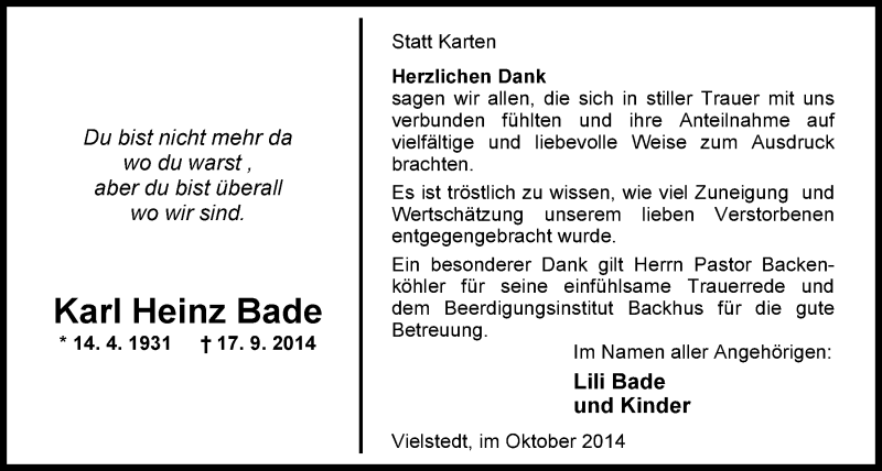 Traueranzeige für Karl Heinz Bade vom 24.10.2014 aus Nordwest-Zeitung