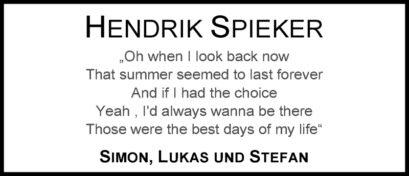  Traueranzeige für Hendrik Spieker vom 20.10.2014 aus Nordwest-Zeitung