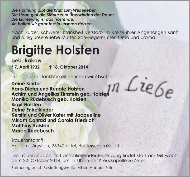  Traueranzeige für Brigitte Holsten vom 20.10.2014 aus Nordwest-Zeitung