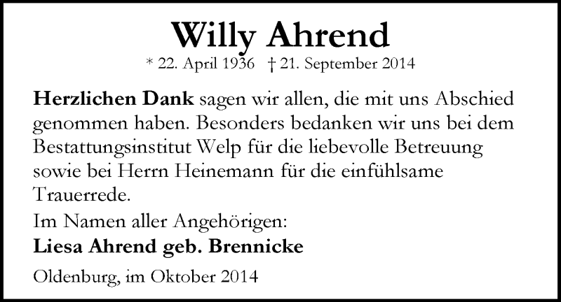  Traueranzeige für Willy Ahrend vom 21.10.2014 aus Nordwest-Zeitung