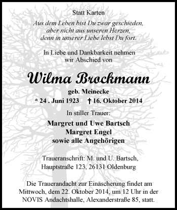 Traueranzeige von Wilma Brockmann von Nordwest-Zeitung