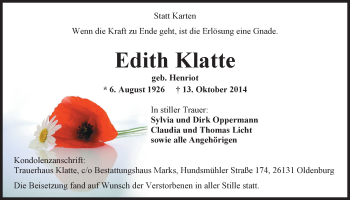 Traueranzeige von Edith Klatte von Nordwest-Zeitung