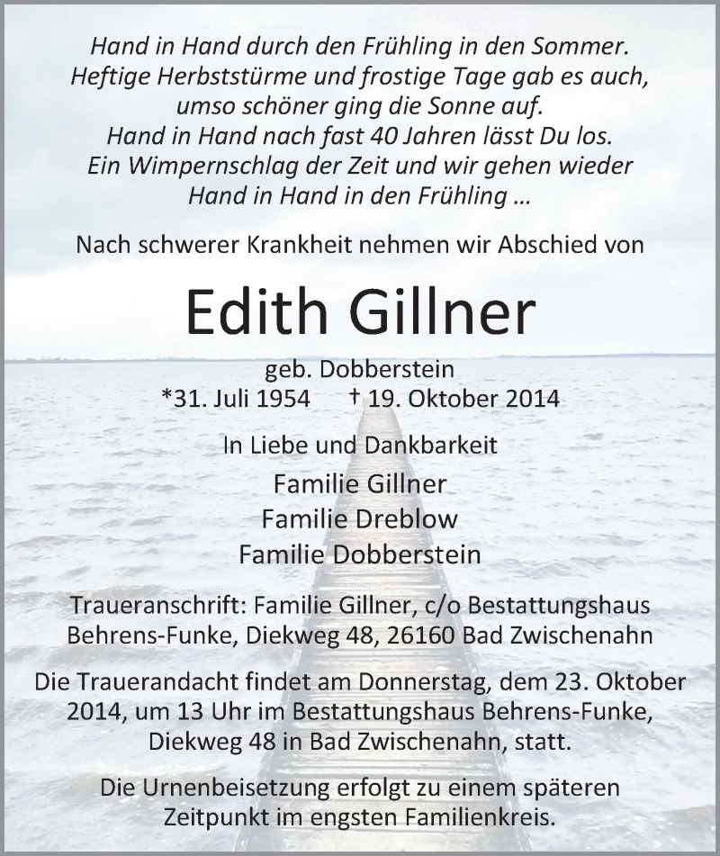  Traueranzeige für Edith Gillner vom 21.10.2014 aus Nordwest-Zeitung