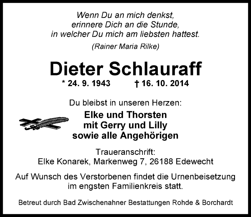  Traueranzeige für Dieter Schlauraff vom 21.10.2014 aus Nordwest-Zeitung