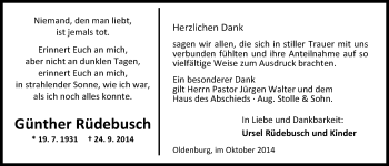 Traueranzeige von Günther Rüdebusch von Nordwest-Zeitung