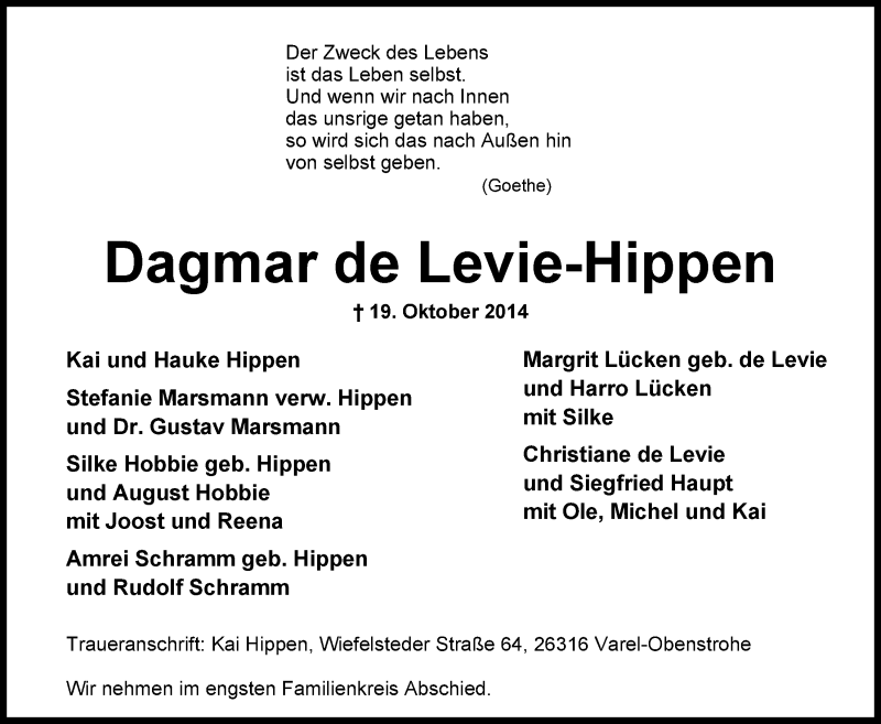  Traueranzeige für Dagmar de Levie-Hippen vom 21.10.2014 aus Nordwest-Zeitung