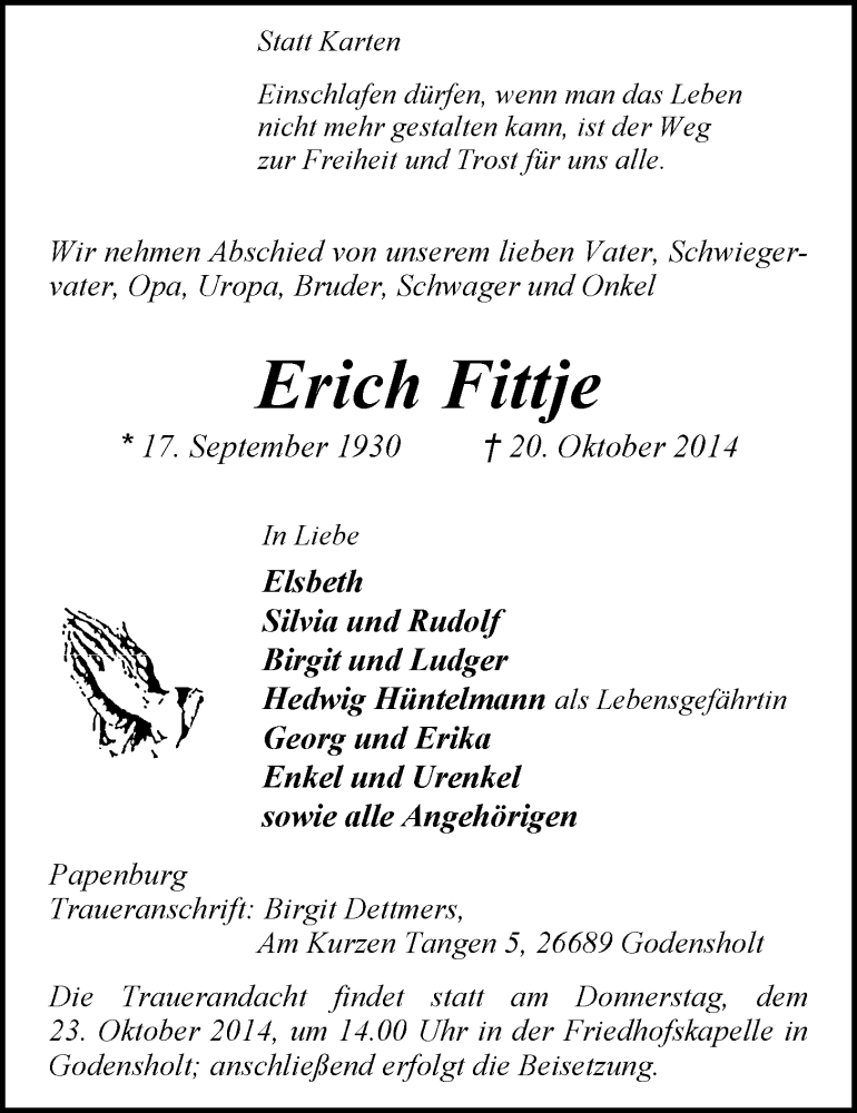  Traueranzeige für Erich Fittje vom 21.10.2014 aus Nordwest-Zeitung