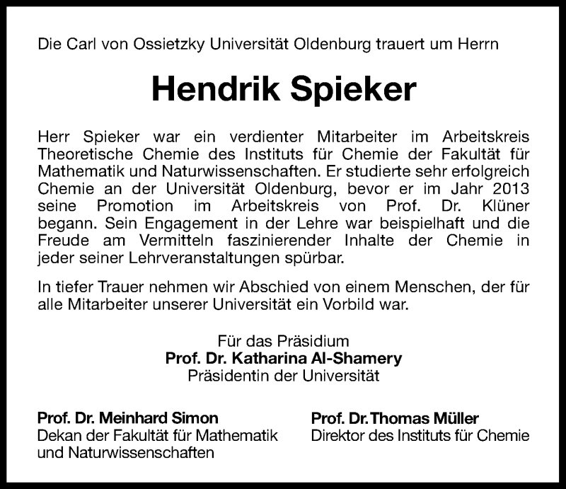  Traueranzeige für Hendrik Spieker vom 21.10.2014 aus Nordwest-Zeitung