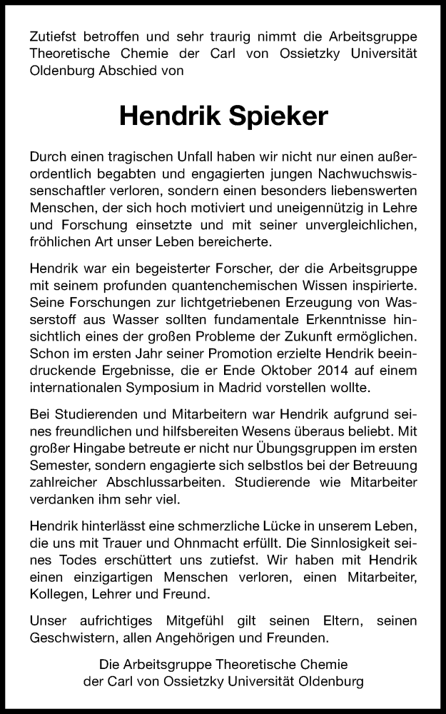  Traueranzeige für Hendrik Spieker vom 21.10.2014 aus Nordwest-Zeitung