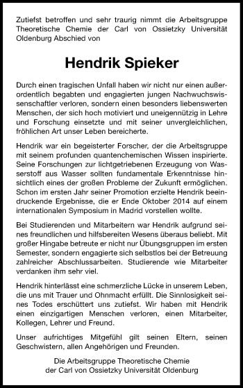Traueranzeige von Hendrik Spieker von Nordwest-Zeitung