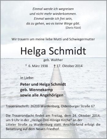 Traueranzeige von Helga Schmidt von Nordwest-Zeitung