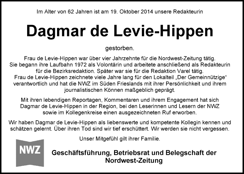  Traueranzeige für Dagmar de Levie-Hippen vom 21.10.2014 aus Nordwest-Zeitung