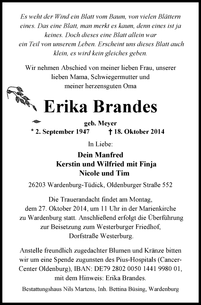  Traueranzeige für Erika Brandes vom 22.10.2014 aus Nordwest-Zeitung