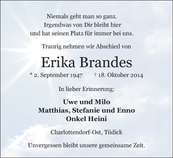 Traueranzeige von Erika Brandes von Nordwest-Zeitung