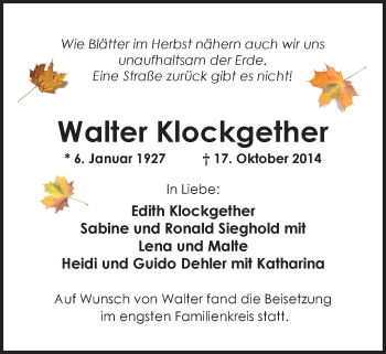 Traueranzeige von Walter Klockgether von Nordwest-Zeitung