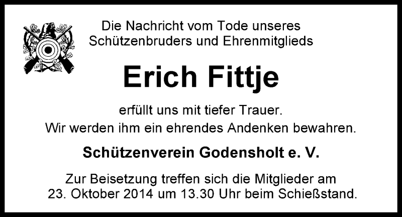  Traueranzeige für Erich Fittje vom 22.10.2014 aus Nordwest-Zeitung