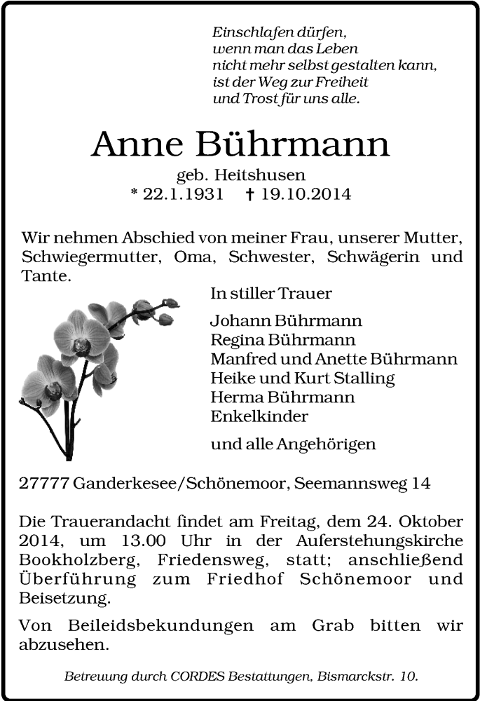  Traueranzeige für Anne Bührmann vom 22.10.2014 aus Nordwest-Zeitung