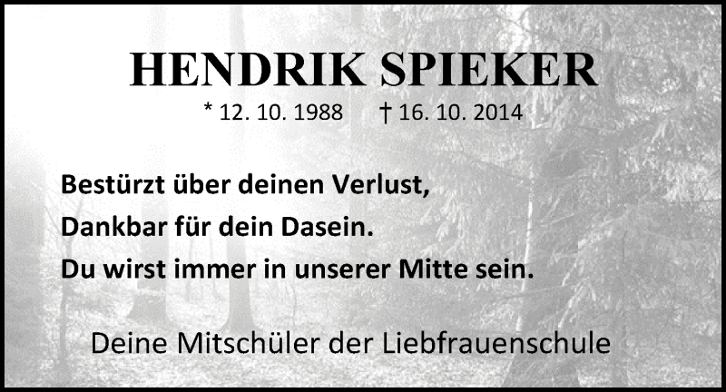  Traueranzeige für Hendrik Spieker vom 22.10.2014 aus Nordwest Zeitung