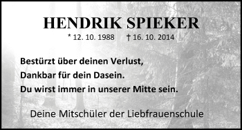 Traueranzeige von Hendrik Spieker von Nordwest Zeitung