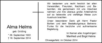 Traueranzeige von Alma Helms von Nordwest-Zeitung