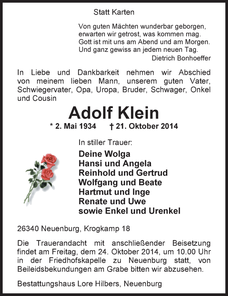  Traueranzeige für Adolf Klein vom 22.10.2014 aus Nordwest-Zeitung