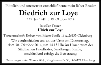 Traueranzeige von Diedrich zur zur Loye von Nordwest-Zeitung
