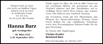 Traueranzeige von Hanna Barz von Nordwest-Zeitung