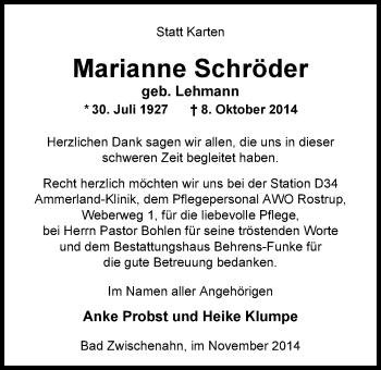 Traueranzeige von Marianne Schröder von Nordwest-Zeitung