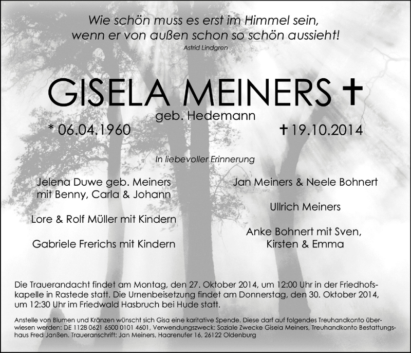  Traueranzeige für Gisela Meiners vom 23.10.2014 aus Nordwest-Zeitung