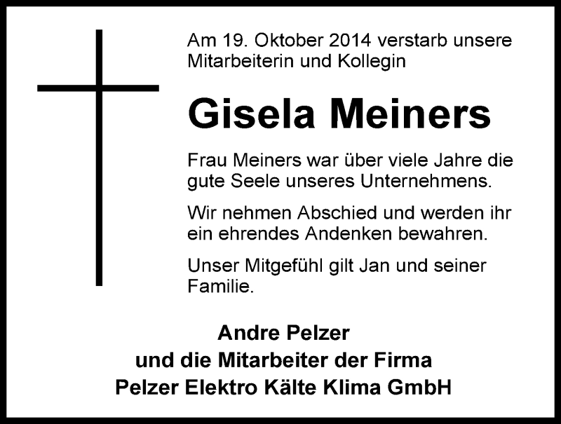  Traueranzeige für Gisela Meiners vom 23.10.2014 aus Nordwest-Zeitung