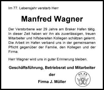 Traueranzeige von Manfred Wagner von Nordwest-Zeitung