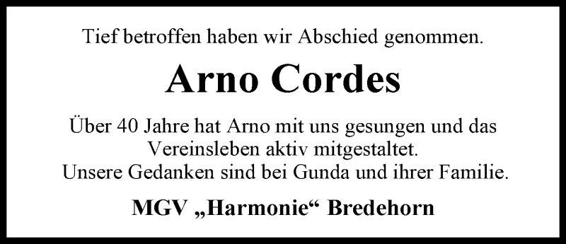  Traueranzeige für Arno Cordes vom 25.10.2014 aus Nordwest-Zeitung