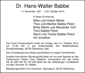 Traueranzeige von Hans-Walter Babbe von Nordwest-Zeitung