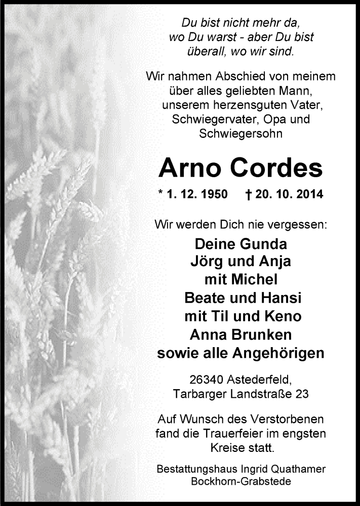  Traueranzeige für Arno Cordes vom 25.10.2014 aus Nordwest-Zeitung