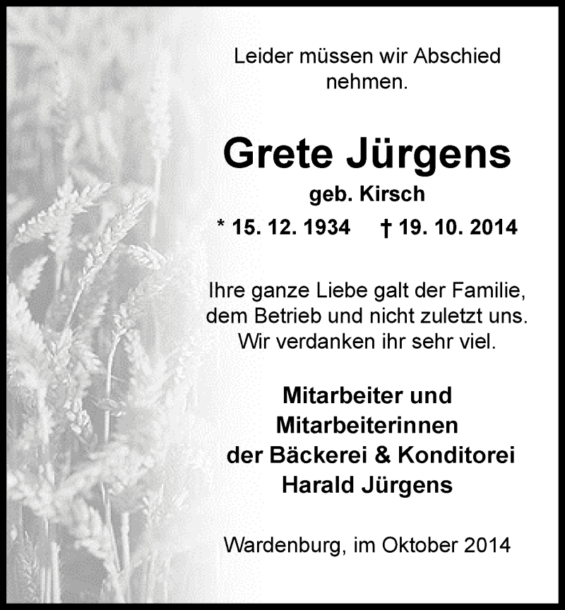  Traueranzeige für Margarete Jürgens vom 23.10.2014 aus Nordwest-Zeitung