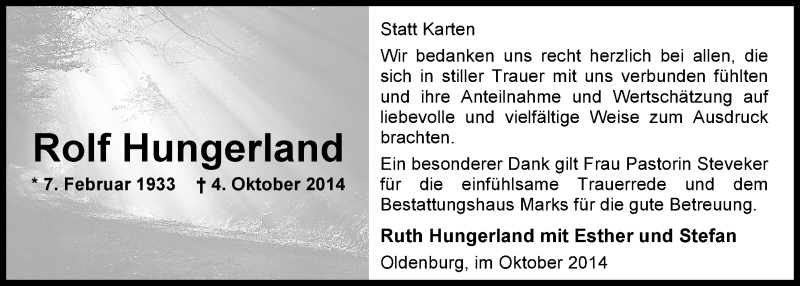 Traueranzeige für Rolf Hungerland vom 31.10.2014 aus Nordwest-Zeitung