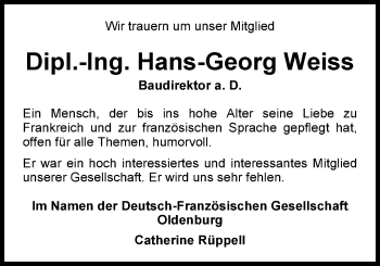 Traueranzeige von Hans-Georg Dipl.-Ing. Weiss von Nordwest-Zeitung