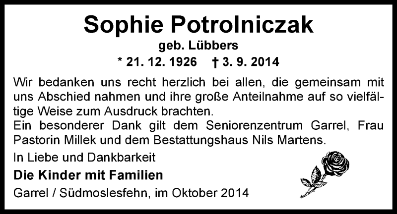  Traueranzeige für Sophie Potrolniczak vom 25.10.2014 aus Nordwest-Zeitung