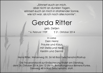 Traueranzeige von Gerda Ritter von Nordwest-Zeitung