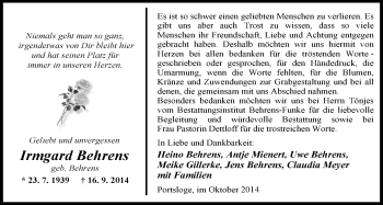 Traueranzeige von Irmgard Behrens von Nordwest-Zeitung