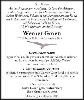 Traueranzeige von Werner Groen von Nordwest-Zeitung