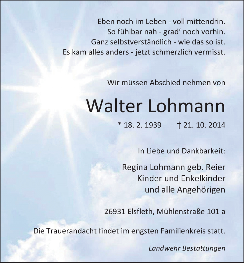  Traueranzeige für Walter Lohmann vom 24.10.2014 aus Nordwest-Zeitung