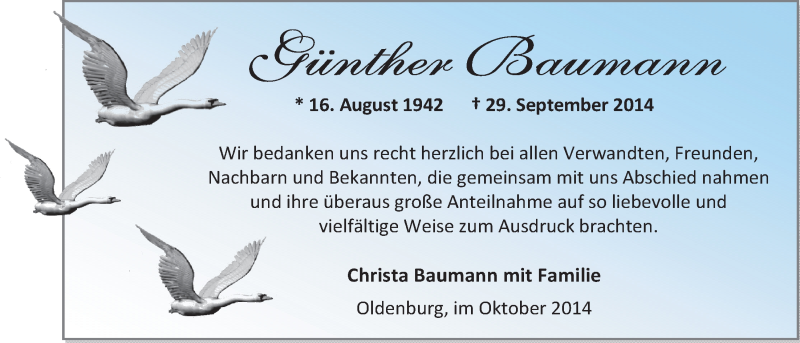  Traueranzeige für Günther Baumann vom 25.10.2014 aus Nordwest-Zeitung
