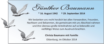 Traueranzeige von Günther Baumann von Nordwest-Zeitung