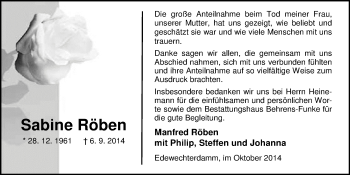 Traueranzeige von Sabine Röben von Nordwest-Zeitung